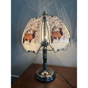 Vintage OK Lighting Touch Table Desk Lamp Glass Panel Shade Winter Moose